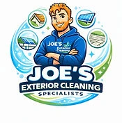Joe’s Exterior Cleaning Specialists logo: Joe in a blue hoodie inside a ring of water